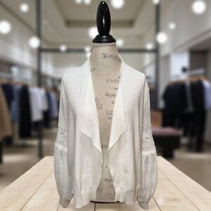 Siano White Open Cardigan w/ Embellished Semi-Sheer Balloon Sleeves Women's Sz M